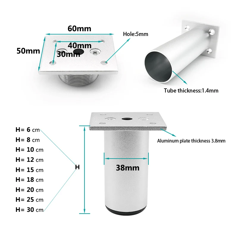 2,36 ''/6 см плотные регулируемые алюминиевые для мебели ножки стол диван шкаф ножки шкаф стулья ноги с монтажными винтами 4 шт