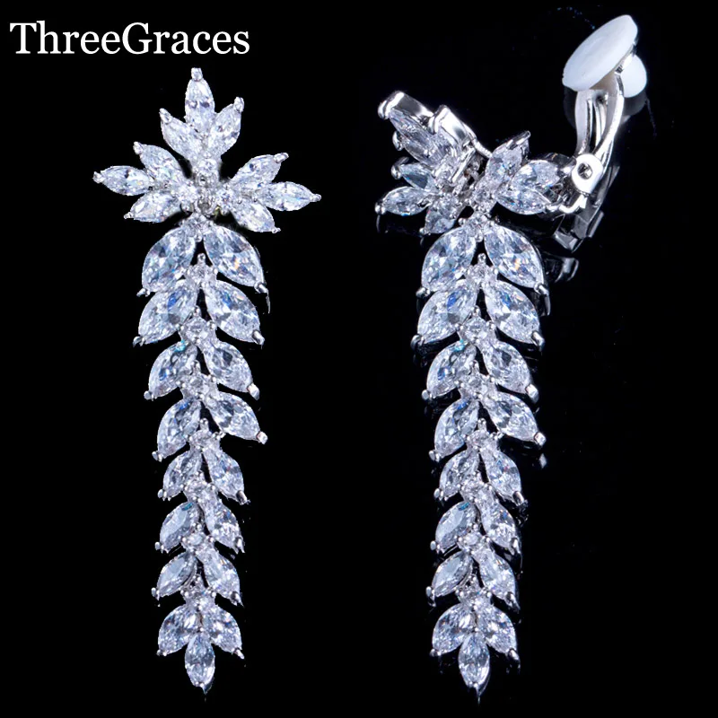 

ThreeGraces Japanese Design Women Jewelry Sparkly White CZ Stone Long Leaf Drop Clip on Earrings for Non Pierced Ears ER048
