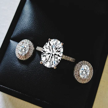 

925 Sterling Silver Jewelry set halo Engagement ring round stud earring for Wedding christmas Valentine's Day gift party J5340S