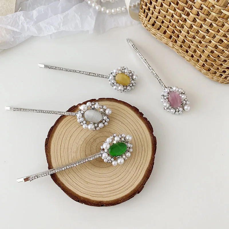 

4 Colors Vintage Oval Opal Stone Imitation Pearl Long Hairpins For Women Hair Accessories Party Hair Clips Barrettes Wholesale