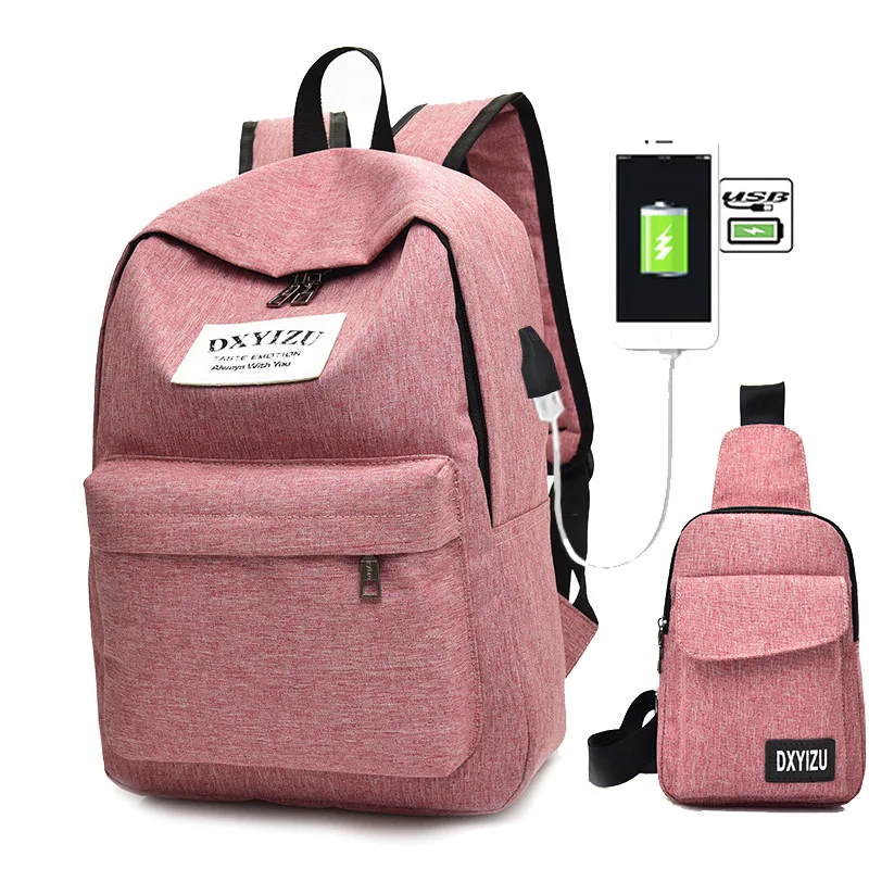 2pcs/Set Small Women Backpacks Female School Bag For Teenage Girls Black Canvas Women Backpack USB Charge Shoulder Bag Rucksack