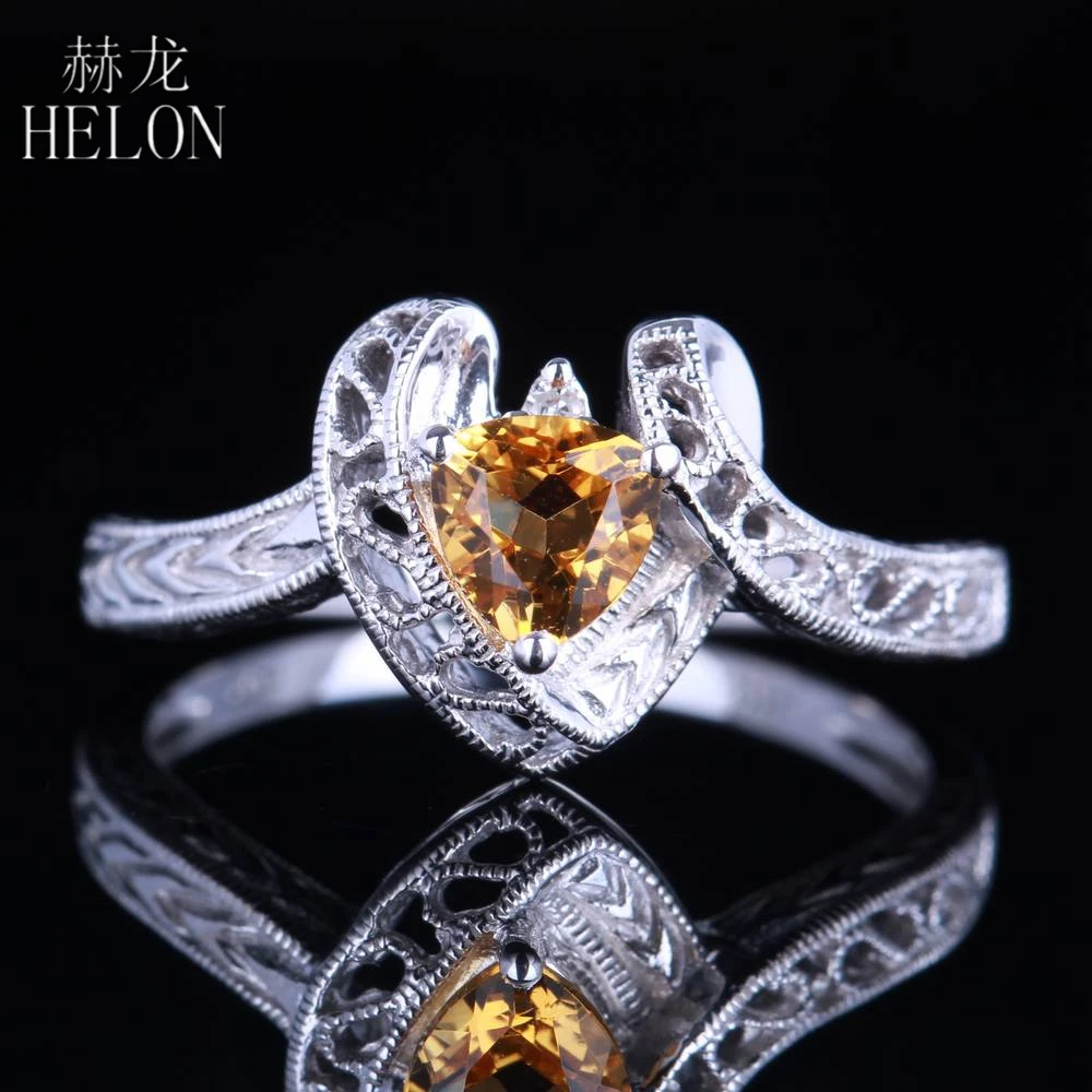 

HELON Solid 10K White Gold 5x5mm Trillion Citrine Diamond Ring For Women Trendy Bridal Engagement Ring Vintage Art Deco Jewelry