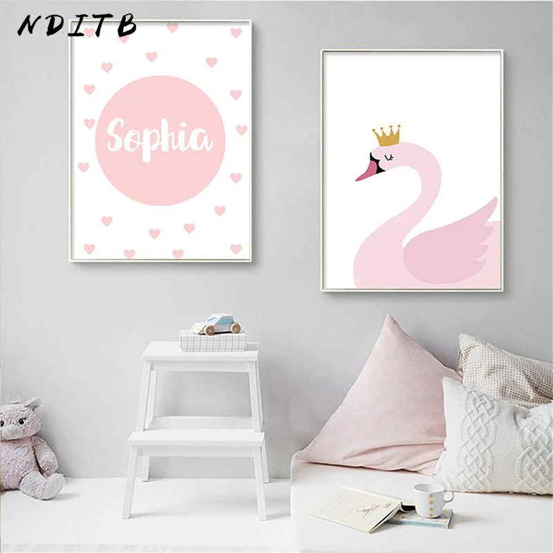 Nditb Affiche Personnalisee Avec Nom Personnel Dessin Anime De Cygne Rose Peinture Imprimee Decoration De Salon Pour Bebes Filles Aliexpress