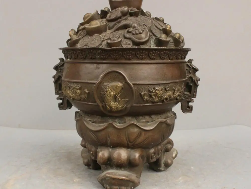 

12'' China Wealth Gold Arowana Cornucopia Bronze Statue