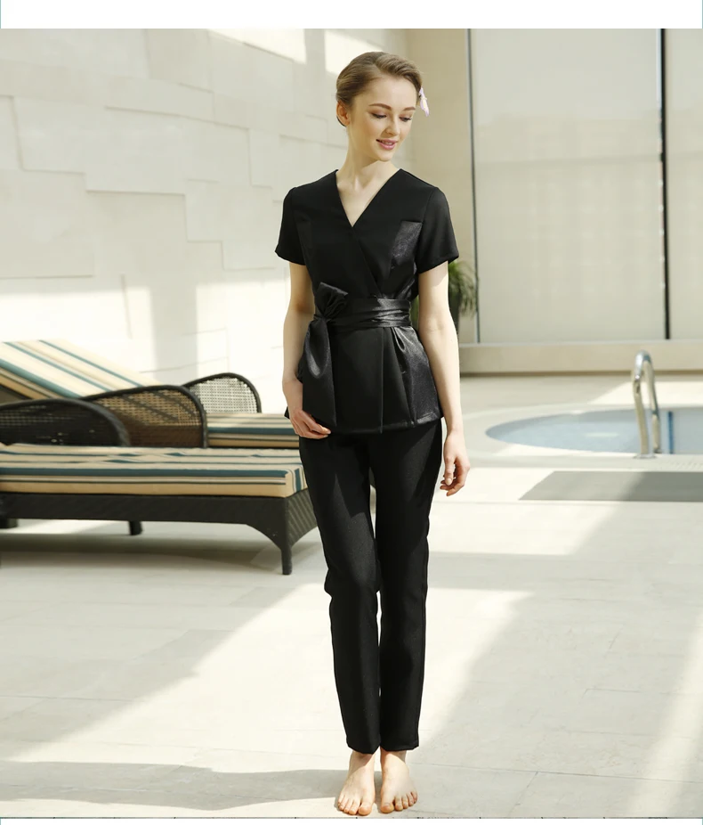 Customize SPA Uniforms New Black Patchwork Grace V-neck Blouse+Pants Tea Hall Uniform Clothes Slim Fit Salon Clothing