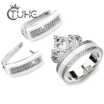 

2019 Austrian Crystal Jewelry Sets Elegant Bride Crown Queen Rings & U Shape Stud Earrings Ceramic Bridal Wedding Set Accessory