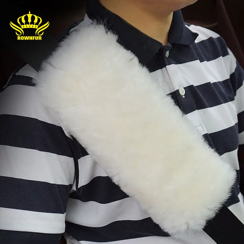 

ROWNFUR 100% Australian Sheepskin Seat Belt Cover Shoulder Pad Car Accessories Fur Car Safety Belt Cover 1 Pieces
