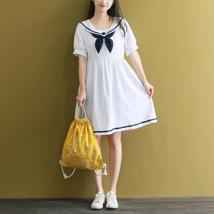 Япония Мори девушка Kawaii милое платье новые летние женские короткий рукав; моряк воротник хлопок платья черный, белый Vestidos