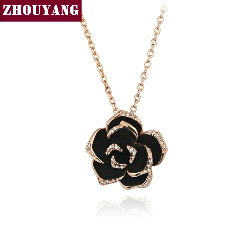 

ZHOUYANG Top Quality ZYN021 Big Black Rose Rose Gold Color Pendant Necklace Jewelry Austrian Crystal Wholesale