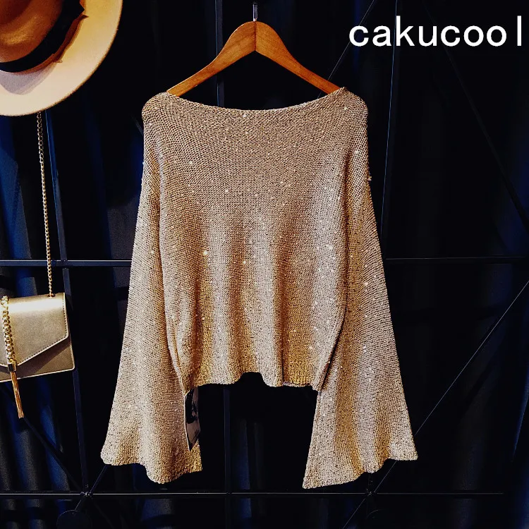 Женский вязаный свитер Cakucool с вышитым бисером блестящими блестками расклешенным