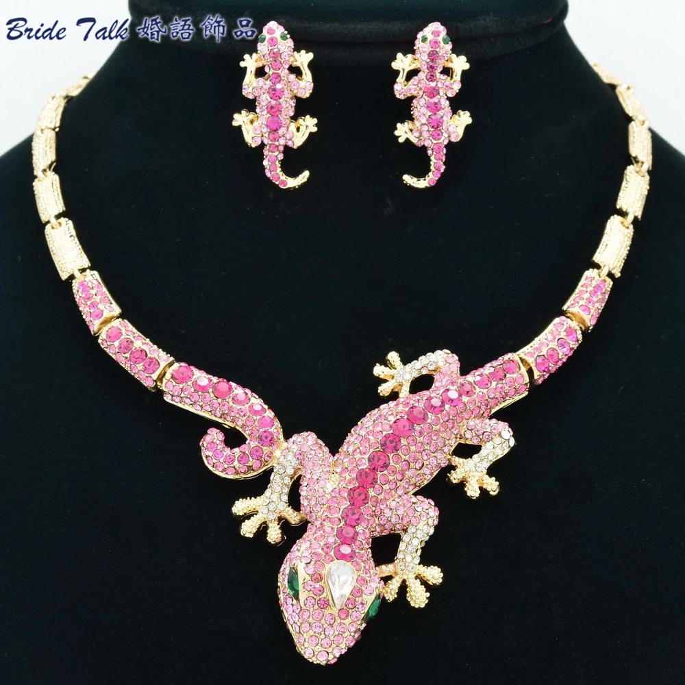 2014 New Animal Gecko Lizard Necklace Earring Sets Pink Rhinestone Crystal Women jewelry wholesaleFA3274