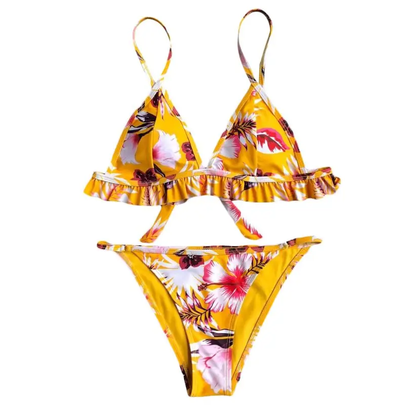 Bikini Set Bohemian Colored Floral Printed Swimsuit V-Neck Ruffled Flounce Trim Triangle Bra Low Waist G-String Thong Beachwear