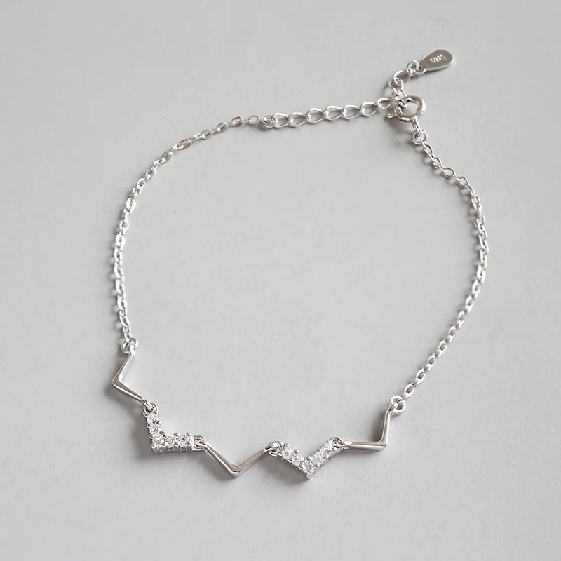 

925 Sterling Silver Micro Zircon V Bracelet Wholesale Women's New Style Simple Fashion Paved Wave Jewelry with Box