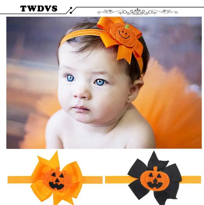 

TWDVS Halloween Style Golden Bow Knot Horror Pumpkin Head Hair Band Kids Headband Elasticity Accessories W152
