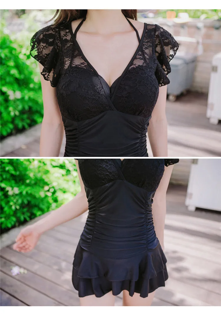 black lace peplum swim dress