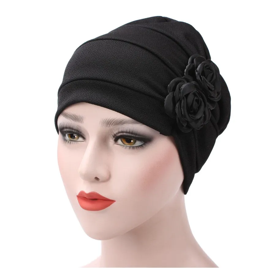 Yyun 6 Colors Muslim Turban Hat Cancer Chemo Beanie Cap for Women India Solid Color Flower