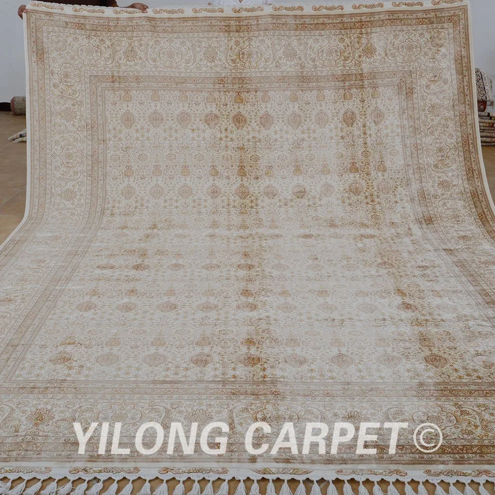 

Yilong 9.1'x12.3' Vantage turkish silk rug large antique brown hand knotted hereke silk carpet (1882)