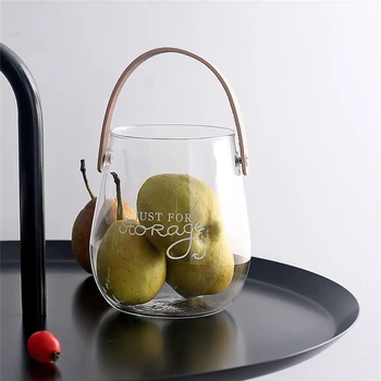 

Chic Nordic Glass Storage Jar Bottle with Leather Handle Vogue Scandinavian Desk Storage Bottle Organizer Flower Vase Container