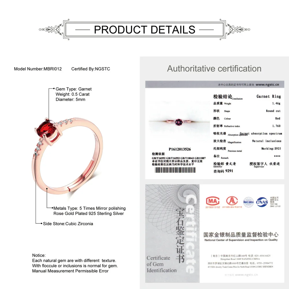 MoBuy 100% 925 Sterling Silver 0.5 Carat Gemstone Ring For Women Resizable Rose Gold Plated Natural Garnet Fine Jewelry MBRI012