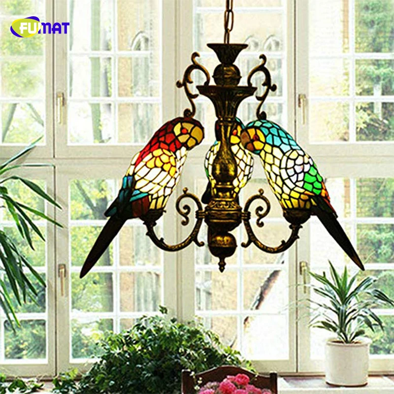 

FUMAT Tiffany Style Stained Glass Parrot Chandeliers 3 Heads Restaurant Pendant Lamps