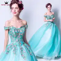 女王ブライダルブルーイブニングドレスふわふわ刺繍ビーズ真珠ロングフォーマルパーティードレス 2018 新 Vestido デ · フェスタ LS80