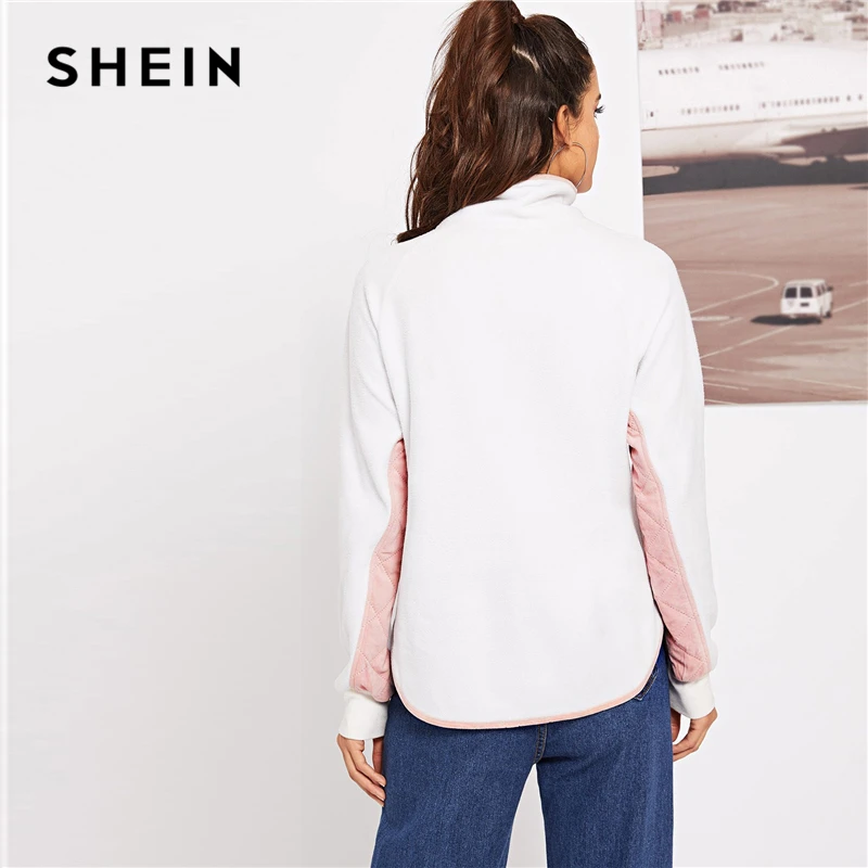 SHEIN الأبيض عارضة Colorblock زرر عالية الرقبة اثنين من لهجة مبطن السترة البلوز الخريف الحد الأدنى النساء بلوزات SHEIN الأبيض عارضة Colorblock زرر عالية الرقبة اثنين من لهجة مبطن السترة البلوز الخريف الحد الأدنى النساء بلوزات