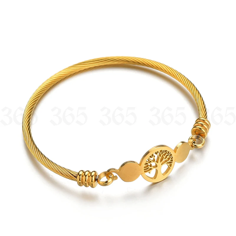Fashion Stainless Steel Hollow Tree of Life Bracelets Women Men Gold Color Lucky Round Bangle Jewelry Gift