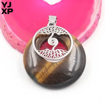 

YJXP Silver Plated Safety Buckle Round Stone Tiger Eye Stone Pendant Tree of Life Charm Jewelry