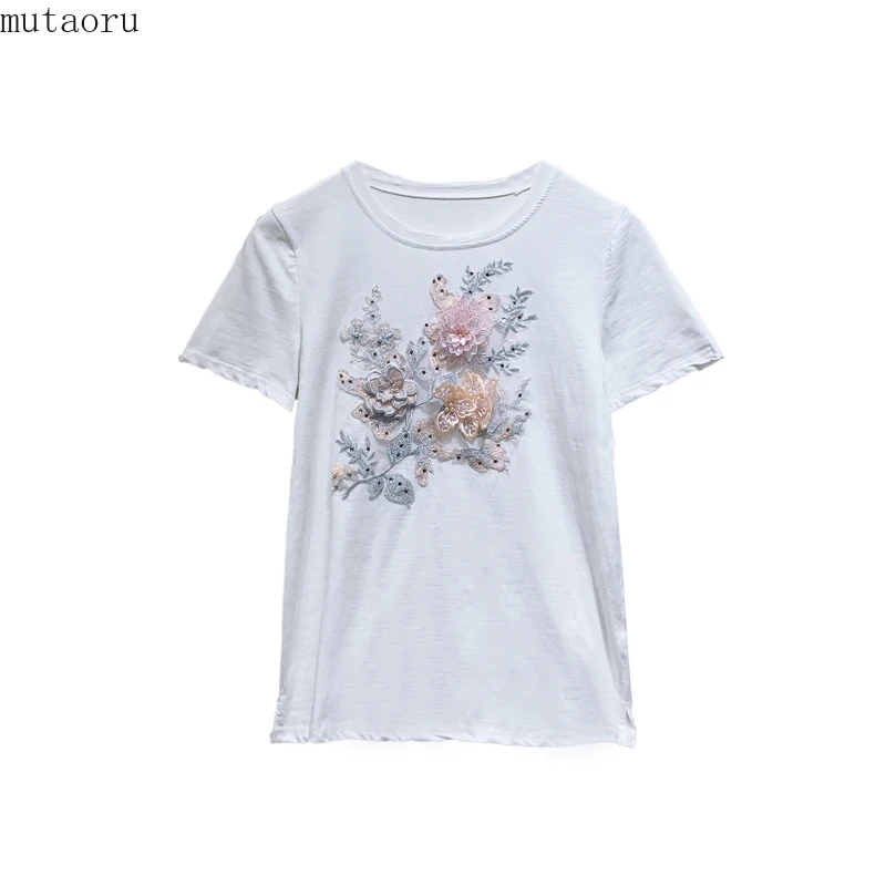 

Summer 2019 New Embroidered Three-dimensional Flower Short-sleeved Round-necked women T-shirt Top