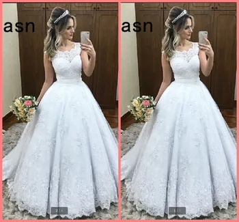 

Robe de mariage ball gown white lace appliques princess wedding dress scoop neckline sleeveless puffy with sashes cheap bride go