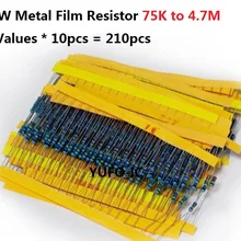 21 ценности* 10 шт. = 210 шт. 75k ohm-10M Ом 1/4W 5% металлический Fillm Резистор Комплект Ассорти 91K 100k 120k 200k 220k Ассортимент пакет