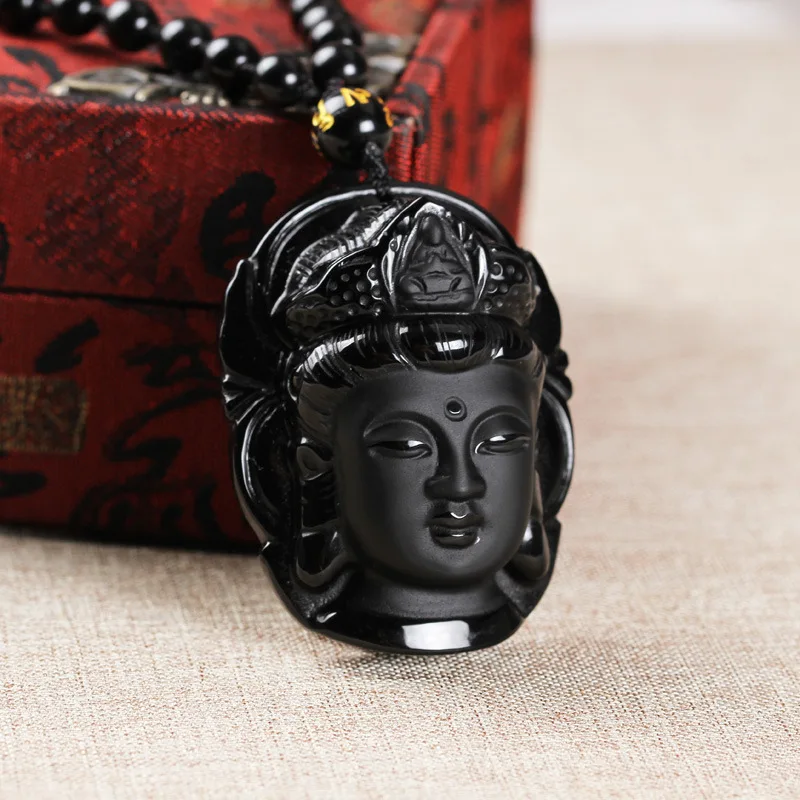 

2019 Natural Stone Obsidian Guanyin Buddha Pendant Necklace Lucky Amulet Bead Chain Necklace For Woman Men