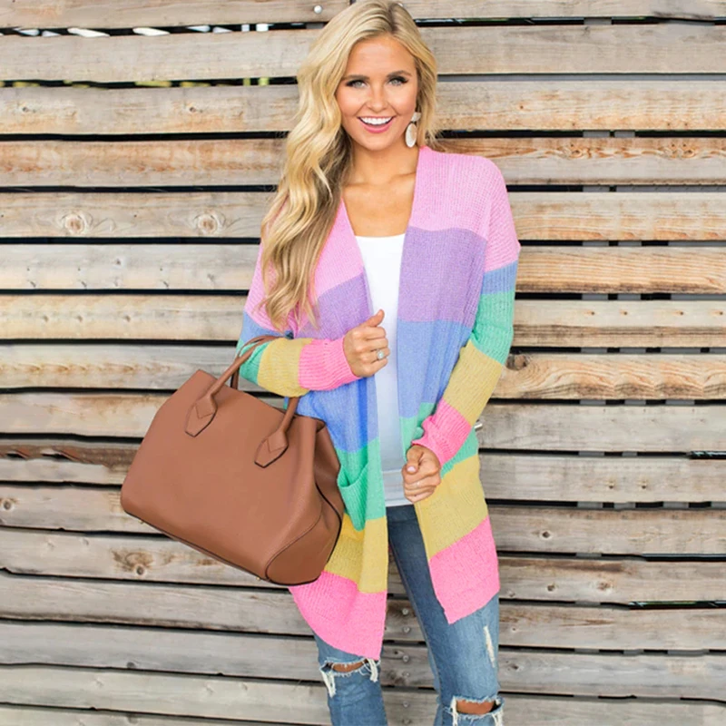 

Rainbow color striped print cardigan Women open stitch long knitting sweater Autumn winter 2019 warm cardigans Casual pull femme