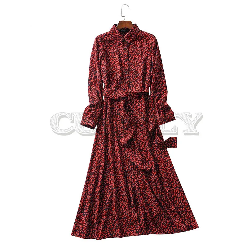 Image Vintage CUERLY Print Ankle Length Dress Bow Tie Sashes Long Sleeve Animal Pattern Chic Robe Maxi Dress Casual CUERLY Mujer
