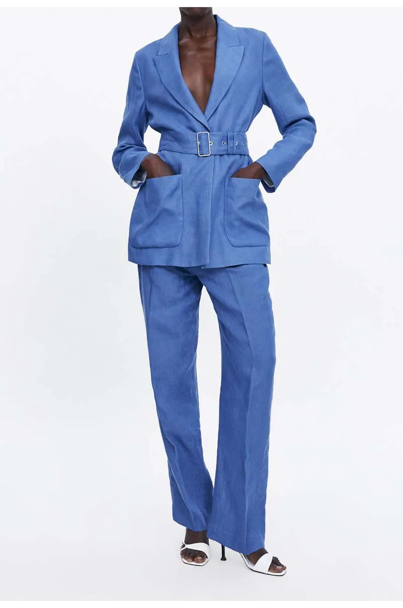 YNZZU, Летний синий блейзер с поясом, новинка, свободный женский пиджак с отложным воротником, льняной карман, офисный Женский блейзер YO804