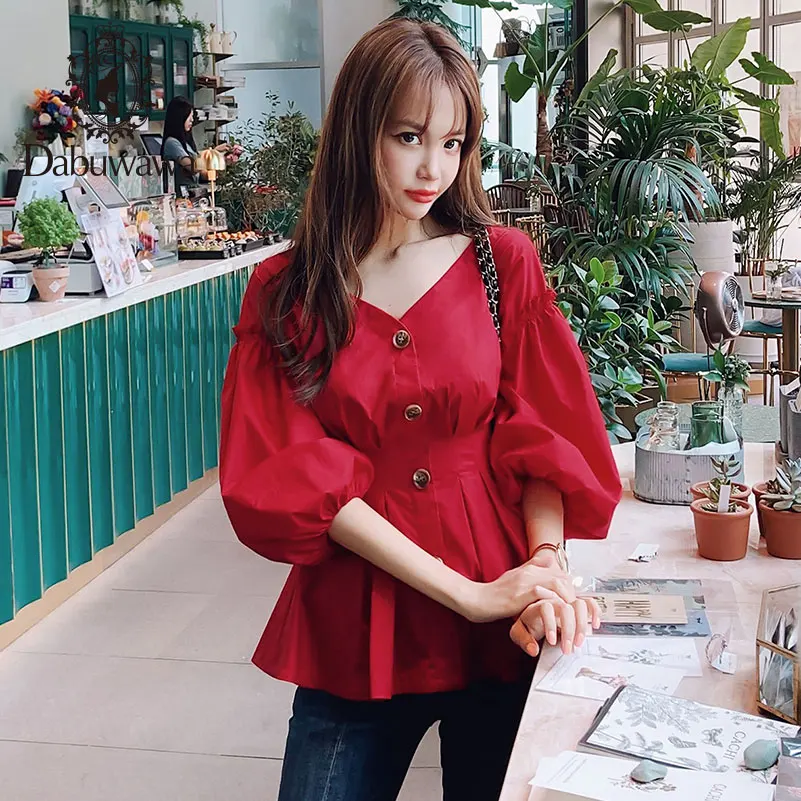 

Dabuwawa 2019 New Autumn Elegant V-neck Shirts Fashion Cotton Lantern Sleeve Blouse Top White/Red DN1CST033