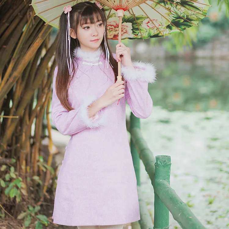 

"LingXi" Chinese Style Wool Cotton Long Sleeve Dress Fur Collar Cuff Winter Vintage Dress Light Purple