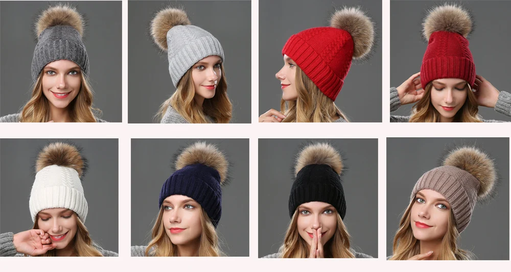 Beanie Women Winter Hat Warm Wool Knit Cap Raccoon Pom Pom Headwear Soft Autumn Casual Outdoor Ski Skullies Snow Accessory (3)