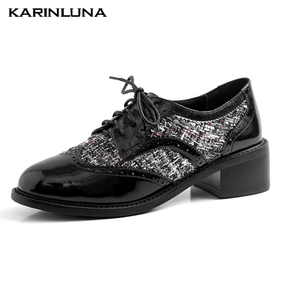 

fashion top quality mix color shoes woman pumps female lace up retro birtish style chunky heels patent leather pumps woman shoes