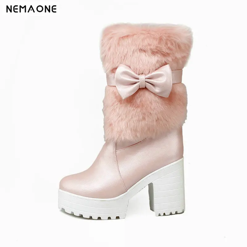 

New Winter High Heel Boots Warm Plush thick Heels Winter Shoes Women's Boots Ladies Fashion Brand mid-calf Snow Boots