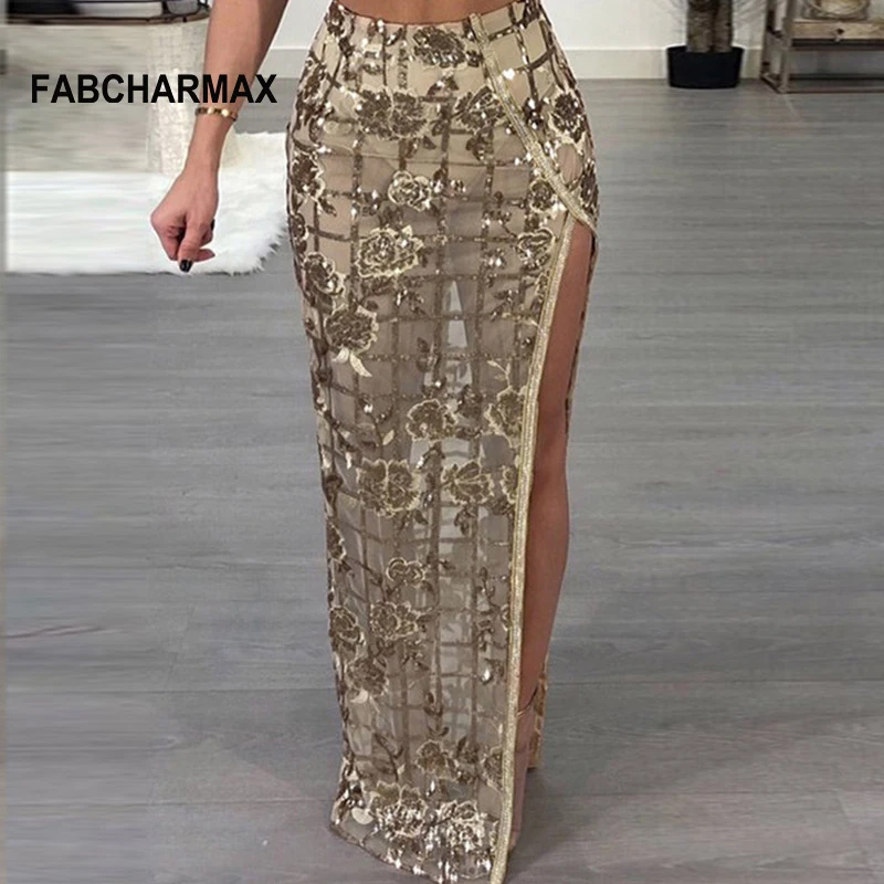 

2018 New trendy embroidery sequins skirt chic sexy high split long skirts womens silver gold sequin mesh slit fashion jupe femme