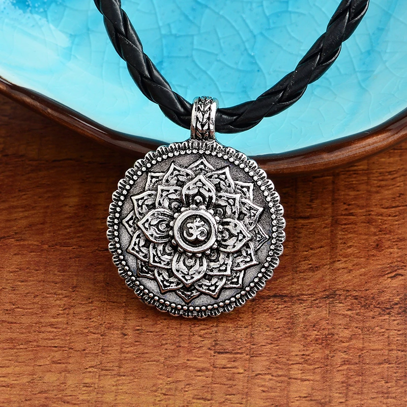 

Viking Ethnic Round silver lotus flower necklace Vintage geometric Yoga inspired meaningful necklace Jewelry women gift