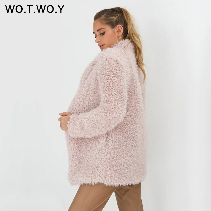 WOTWOY Winter Thick Warm Faux Fur Coat Women Casual Soft Long Fur Jacket Women 2018 Autumn Teddy Coat Female Pink Outerwear New Coats
