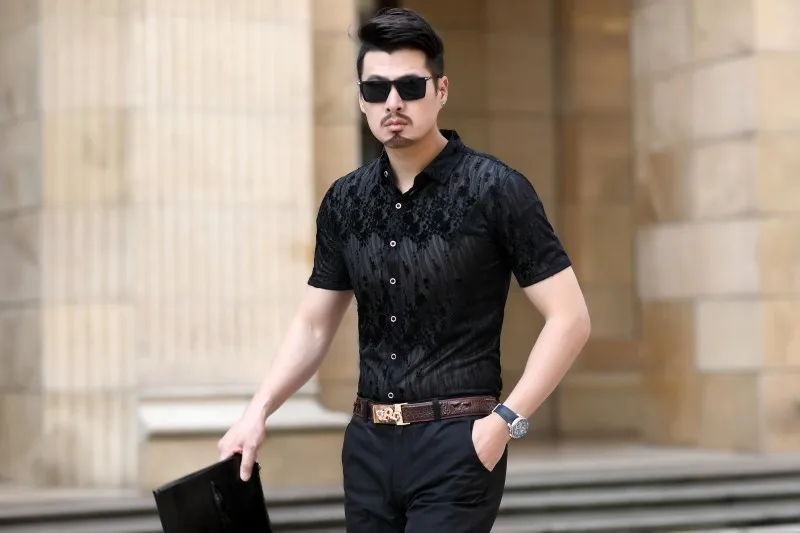 2019 Camisa социальной моды уличная рубашка Прозрачный бархатный с короткими рукавами рубашка Camisa Hombre Гавайский человек Camicia Uomo
