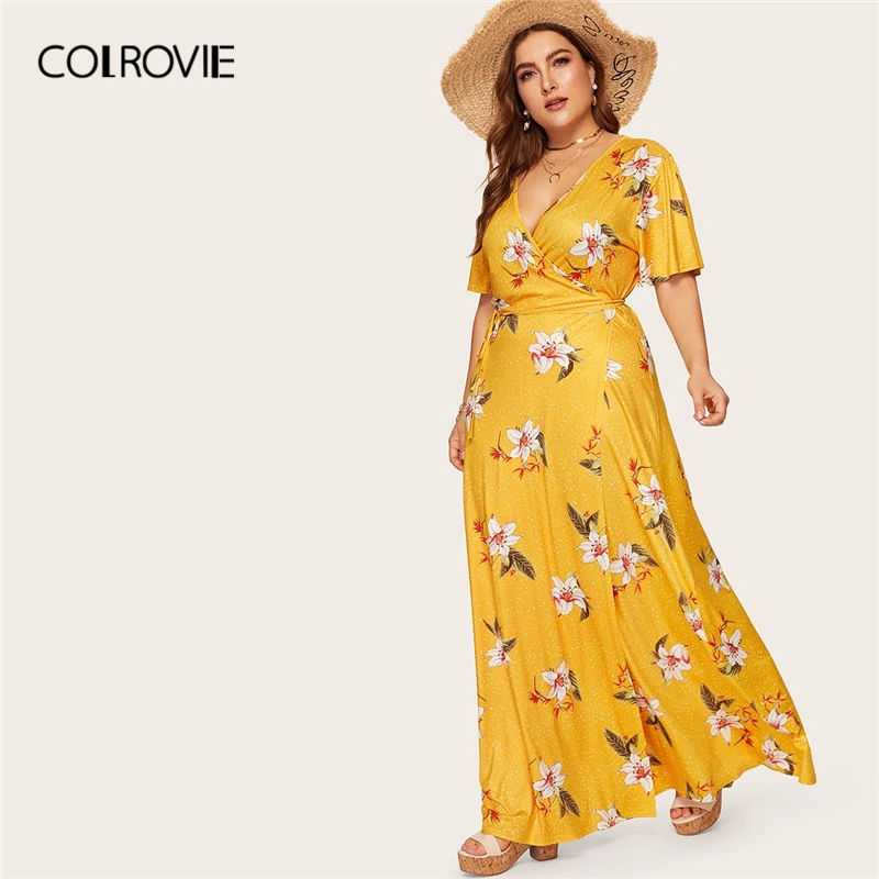 

COLROVIE Plus Size Yellow Floral Print Wrap Tie Side Boho Maxi Dress Women 2019 Summer Short Sleeve Holiday Female Dresses