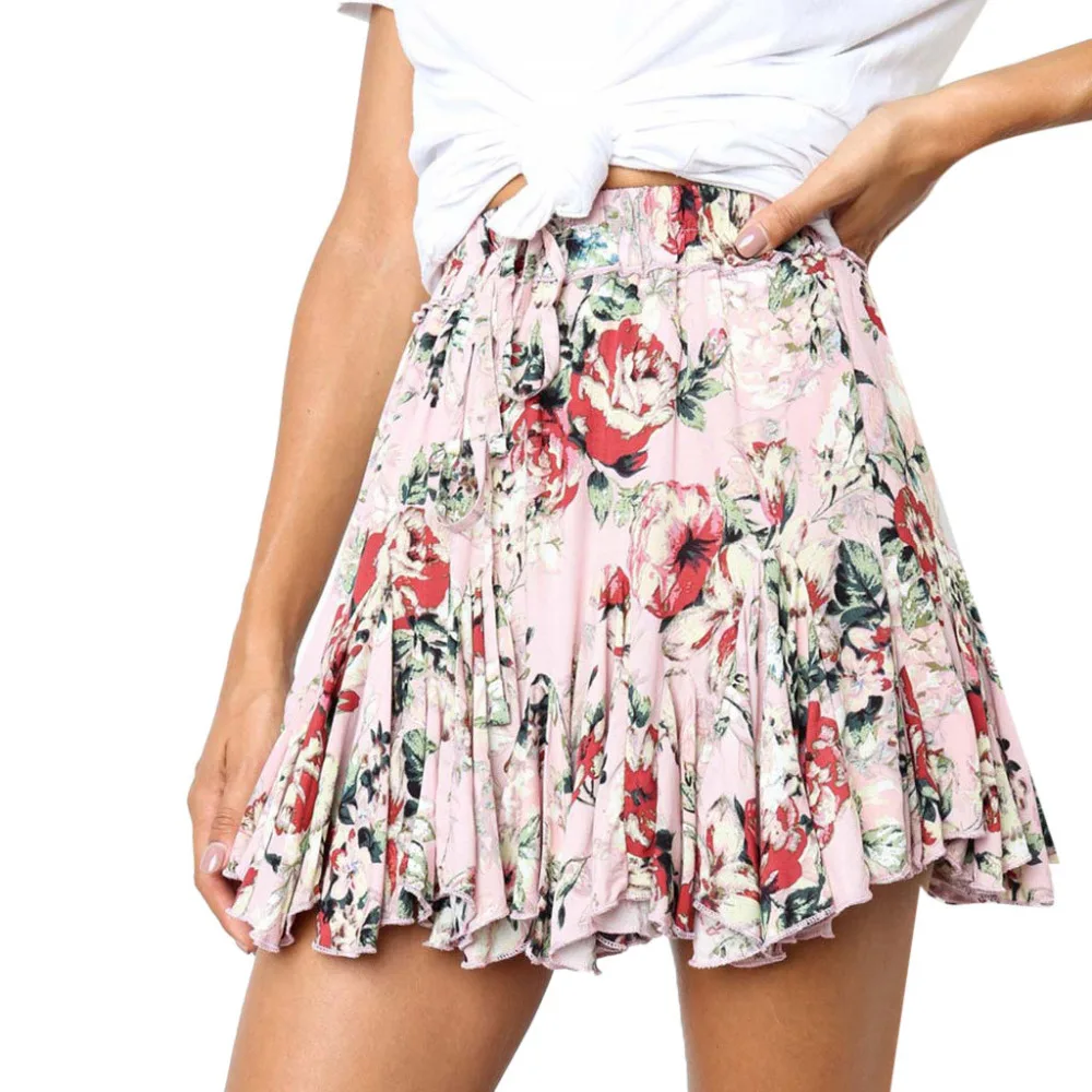 

Boho Pink Flower Printed Skirt Ruffle Hem Floral Drawstring Godet Mini Skirts Summer Casual Mid Waist Short Skirts Jupe Femme