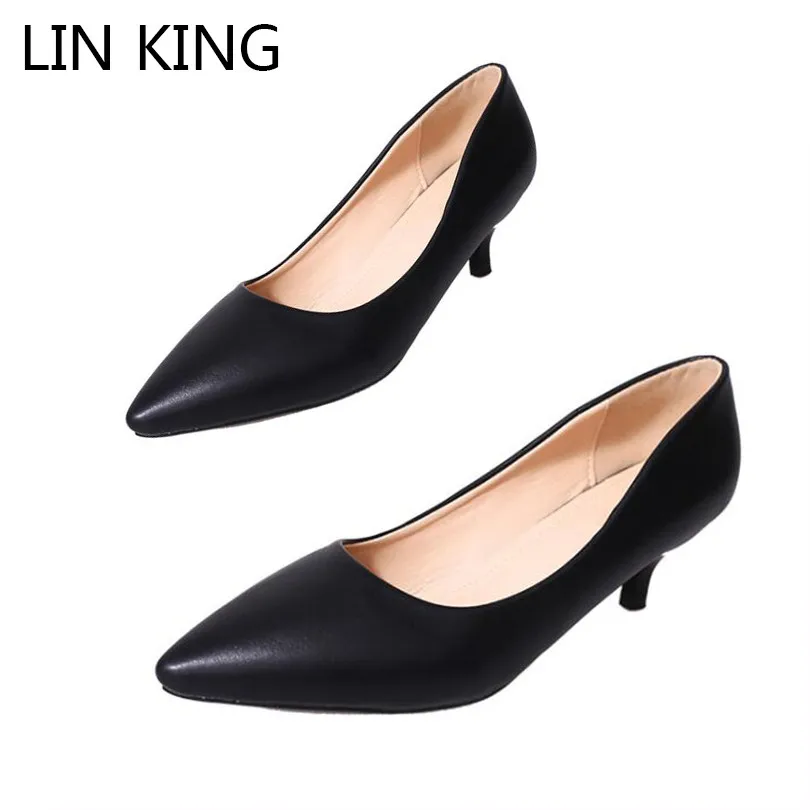 

LIN KING New Candy Color Med Heel Women Pumps Thin Heels Shallow Pointed Toe Leather Shoes Plus Size Slip On Casual Single Shoes