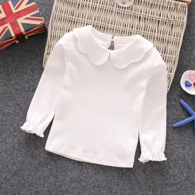 Детская весенне-осенняя футболка для маленьких девочек топы, детские футболки рубашки для девочек белая блузка с воротником «Питер Пэн» Футболки для малышей JW6664