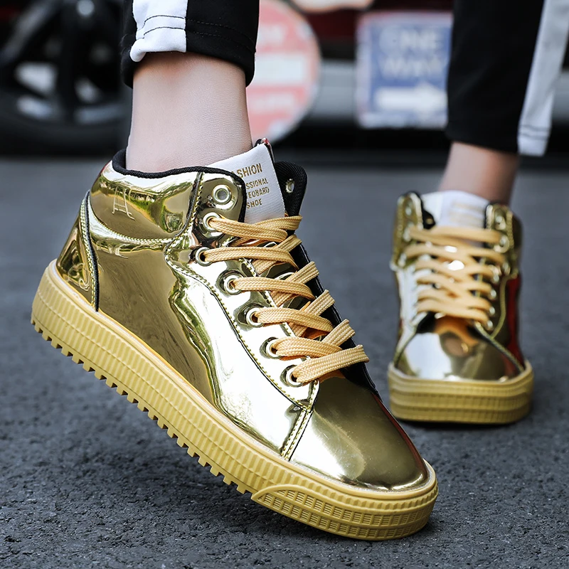 

BomKinta Luxury Brand Glossy Bling Leather Casual Shoes Men Big Size High Top Men Shoes Gold Silver Outdoor Footwear For Male