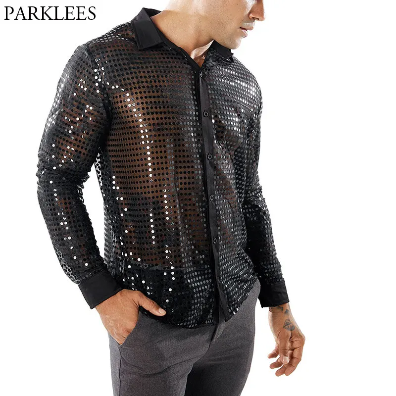 En Ligne Brillant Sequin Transparent Chemise Hommes 2018 Nouveau Sexy Voient À Travers Chemise Homme Scène de boîte de Nuit De Bal De Danse Chemise Masculine Camisa Sociale